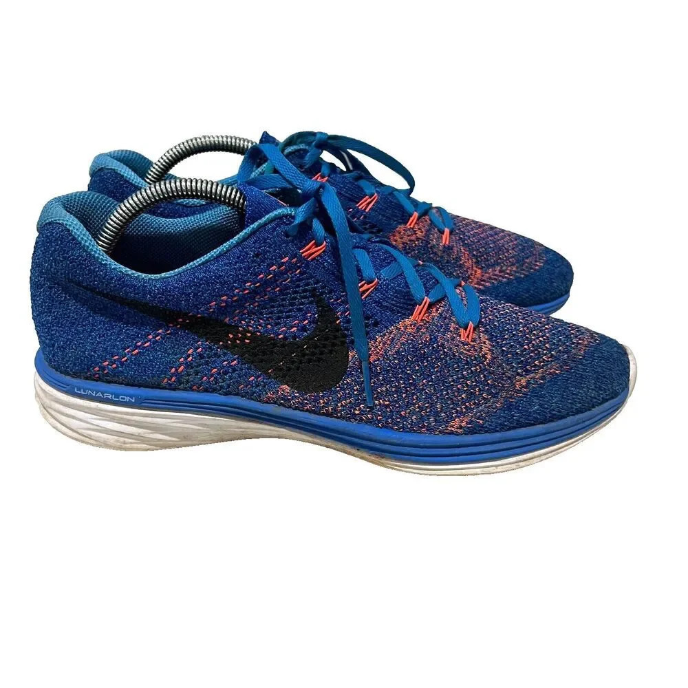 Nike Flyknit Lunar 3 Mens Blue Sneaker Running Shoes 9.5 Lace Up Low Top